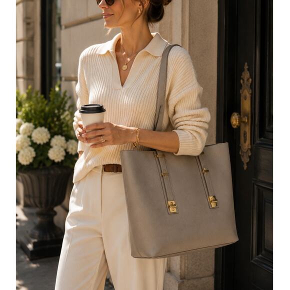 India Hicks Handbags - India Hicks Solitaire Tote Gray Pebbled Leather Gold Hardware Large Shoulder Bag